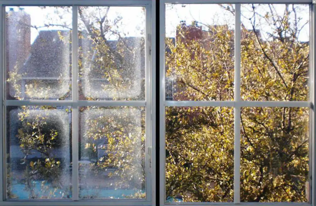 The same window before and after restoration: fogged and streaked on the left, clear on the right.